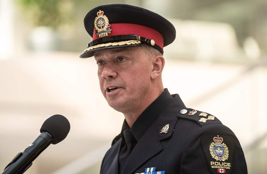 Edmonton Chief of Police Warren Driechel speaks during a press conference in Edmonton, Friday, Sept. 19, 2025. THE CANADIAN PRESS/Jason Franson.