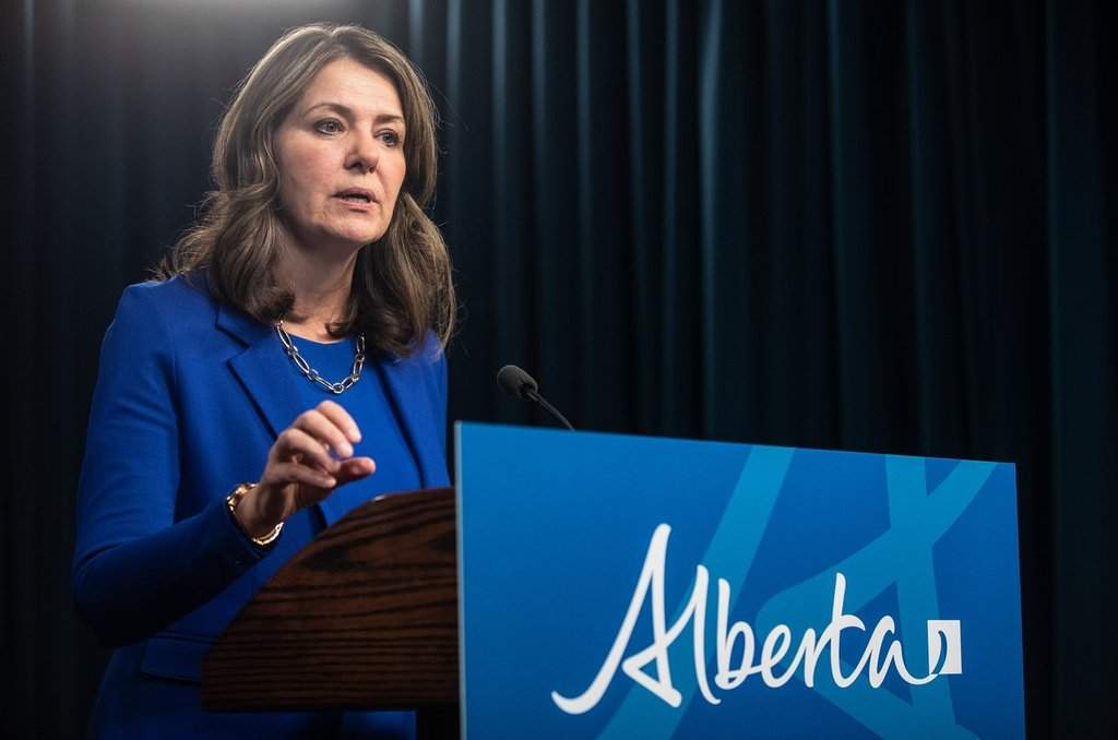 Alberta Premier Danielle Smith announces proposed changes to several pieces of democratic process legislation, in Edmonton on Tuesday April 29, 2025. THE CANADIAN PRESS/Jason Franson.