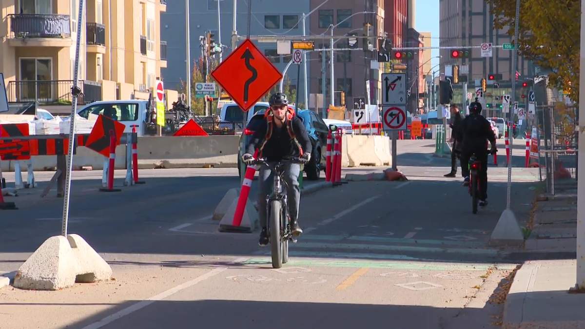 The bike lane on 102 Avenue in downtown Edmonton on Friday, October 10, 2025.