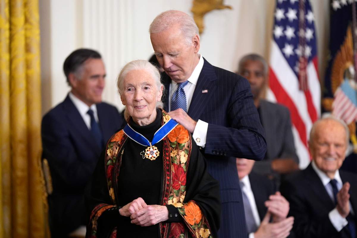 President Joe Biden, right, presents the Presidential Medal of Freedom, the Nation's highest civilian honor, to conservationist Jane Goodall in the East Room of the White House, Saturday, Jan. 4, 2025, in Washington.
