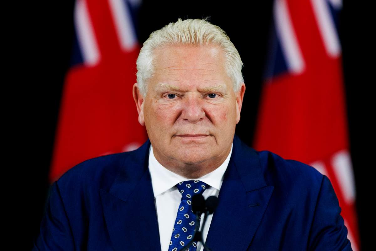 Ontario Premier Doug Ford speaks to the media during a funding announcement in Hamilton, Ont., on Aug. 20, 2025.