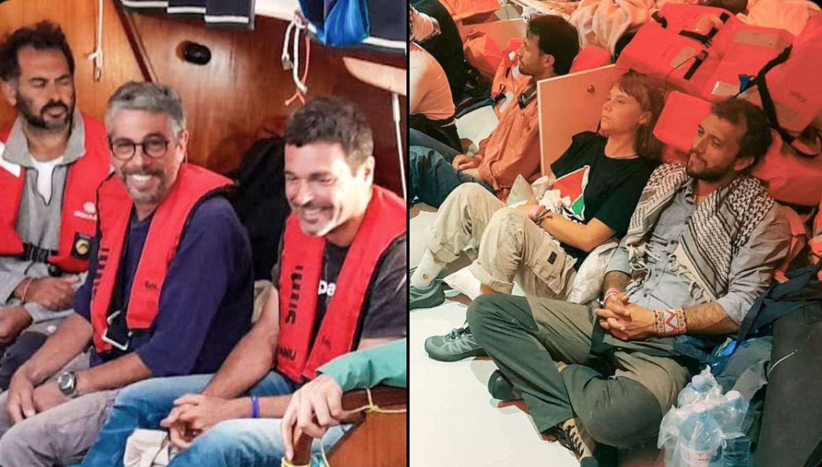 This combination of images released by the Israeli Foreign Ministry shows Greta Thunberg, second from right, with other flotilla activists after the Israeli navy intercepted the Global Sumud Flotilla carrying humanitarian aid to Gaza, Wednesday, Oct. 1, 2025.