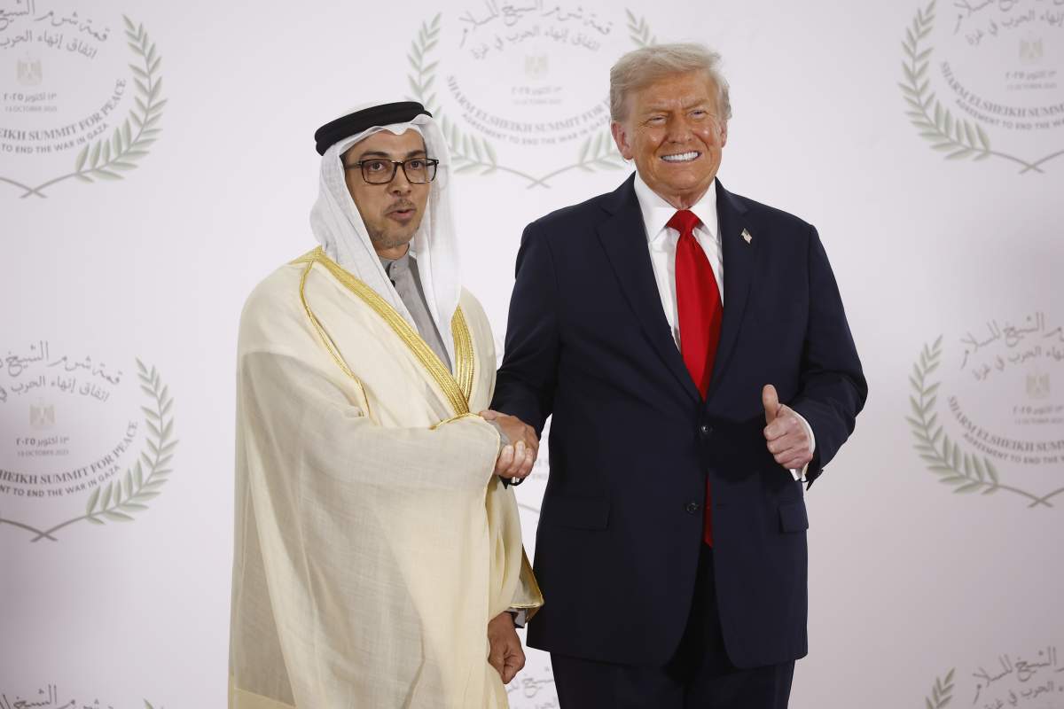 President Donald Trump and United Arab Emirates Vice President Sheikh Mansour bin Zayed al-Nahyan pose during the greeting ceremony before the family picture at the Gaza International Peace Summit, in Sharm el-Sheikh, Egypt, Monday, Oct.13 2025.
