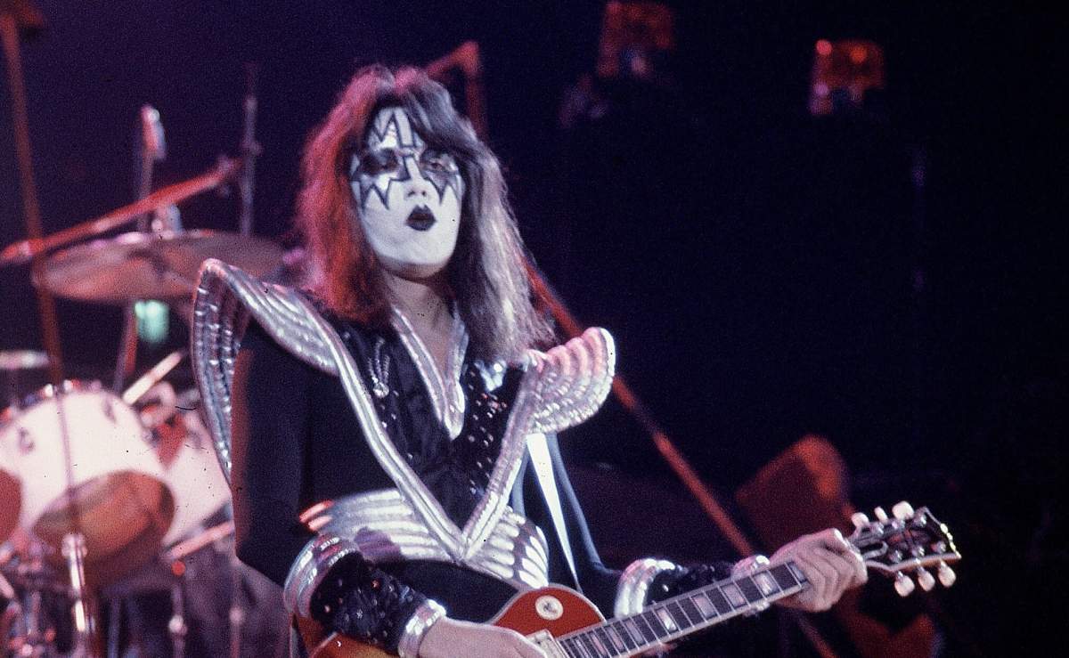 FILE - Ace Frehley, lead guitarist for the hard-rock glam band KISS, performs with a Les Paul guitar during a concert at the Civic Center in Harford, Conn., Feb. 16, 1977. (AP Photo/Richard Drew, File).