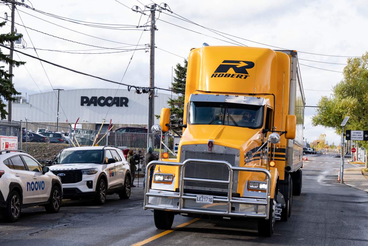 Paccar Inc., a commercial truck manufacturing plant is seen in Sainte-Therese, Quebec on Wednesday, Oct. 22, 2025. The company announced it has laid off 300 workers due to tariffs from the United States.