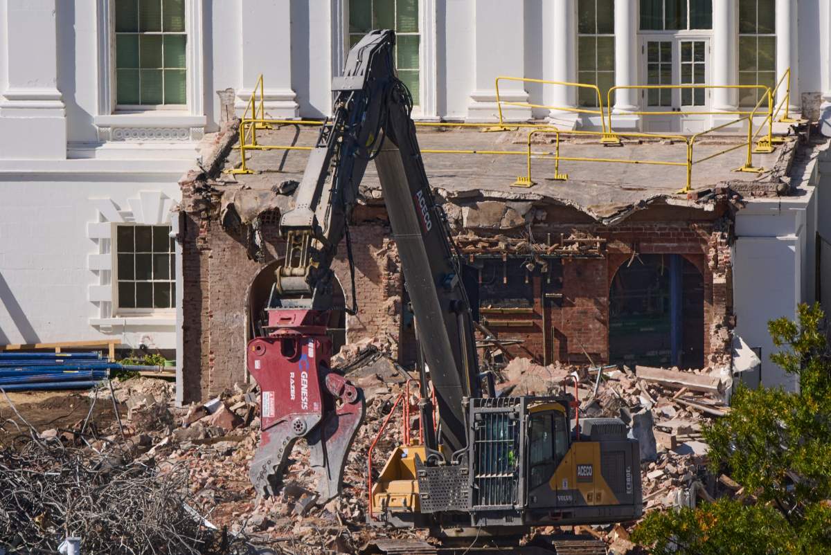 Work continues on a largely demolished part of the East Wing of the White House, Thursday, Oct. 23, 2025, in Washington, before construction of a new ballroom.