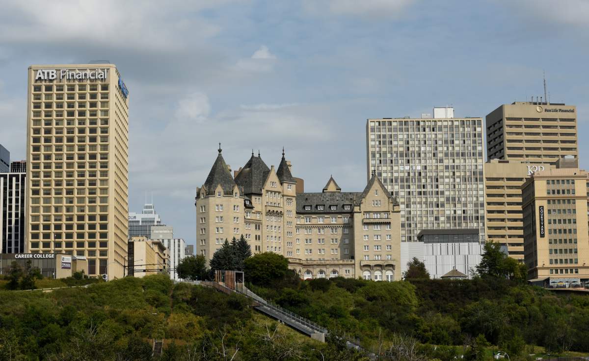 A view of the skyline of downtown Edmonton, Alta., on Aug. 20, 2020. At centre is the historic Fairmont Hotel Macdonald.