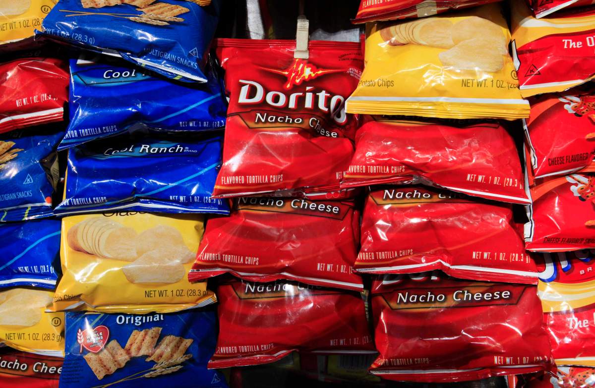 FILE - In this April 29, 2010 file photo, bags of Doritos corn chips are displayed at a kiosk, in New York.