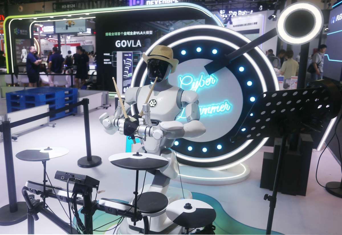 A robot performing a music talent show at the 2025 WAIC World Artificial Intelligence Conference, Shanghai, China, July 29, 2025.