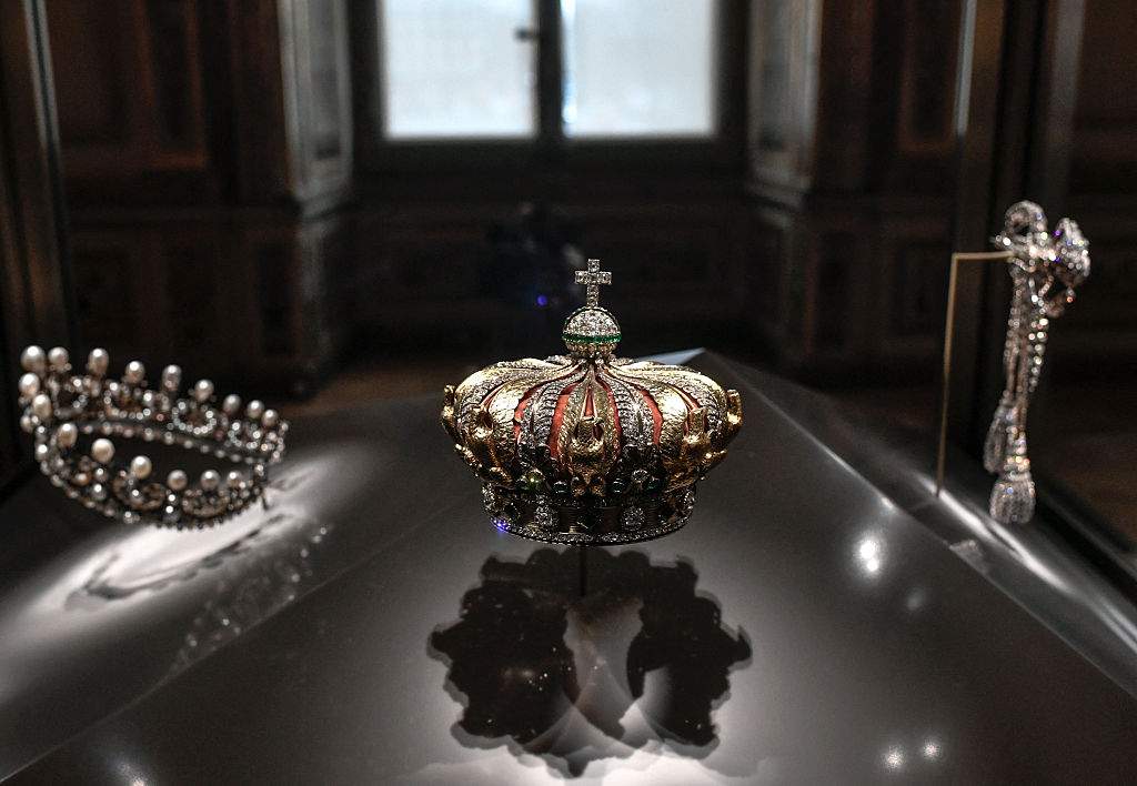 FILE - This picture shows the crown of the Empress of the French Eugénie de Montijo displayed at Apollon's Gallery on January 14, 2020 at the Louvre museum in Paris after the reopening of the Gallery following ten months of renovations.
