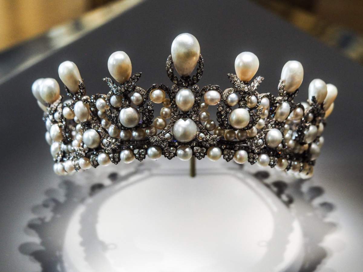 Empress Eugenie's diadem of pearls exhibited in the Apollo's Galery housing the royal collection of gems and diamonds from the French crown in Paris in France on May 20 of 2021.