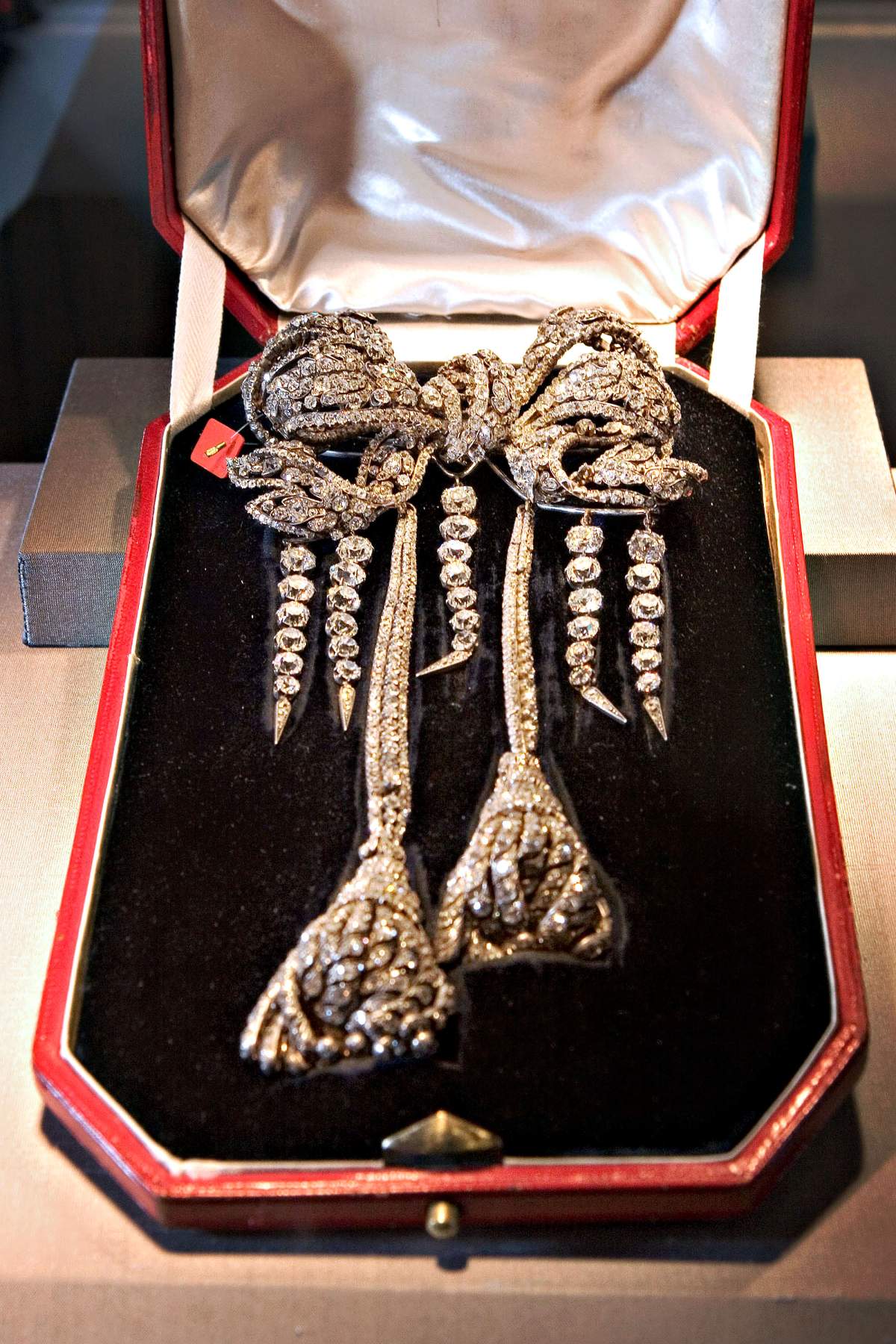 The Empress Eugenie Brooch, an antique diamond bow brooch, sits on display during a media preview for the 'Christie's Rare Jewels and Gemstones: The Eye of a Connoisseur' sale in New York, U.S., on Friday, April 11, 2008.