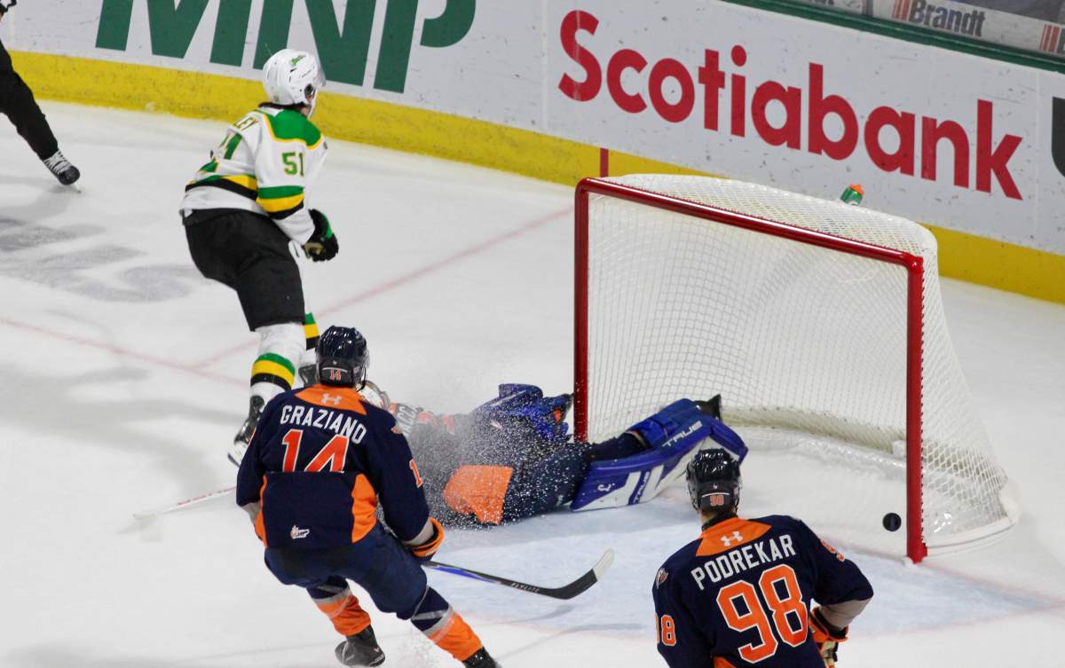 Jared Woolley of the London Knights scored for the fourth time in three games as London and Flint met for at Canada Life Place on Oct. 3, 2025.