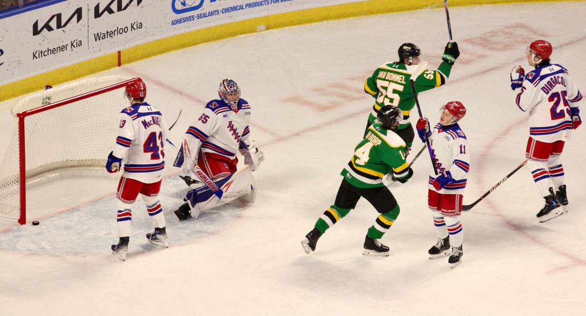 Logan Hawery of the London Knights begins the scoring in a 6-1 rout of the Kitchener Rangers on Oct.17, 2025 at the Kitchener Memorial Auditorium.