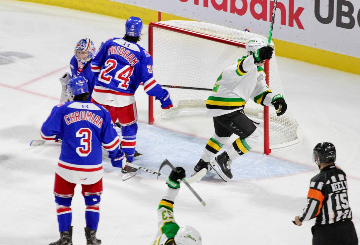 Kaeden Hawkins of the London Knights celebrates his second goal in two games in a matchup against the Kitchener Rangers on Oct. 19, 2025 at Canada Life Place.