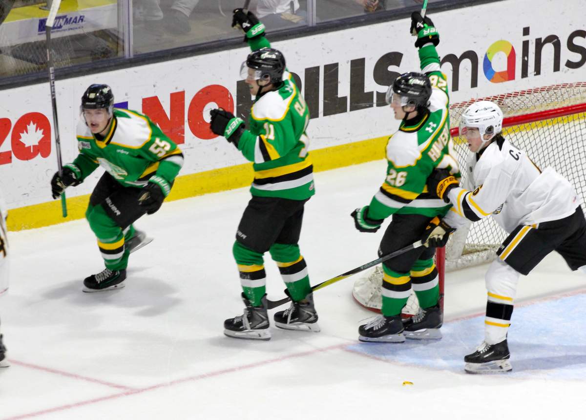 London Knights forward Rene Van Bommel celebrates his second period goal against the Sarnia Sting on Oct. 26, 2025.