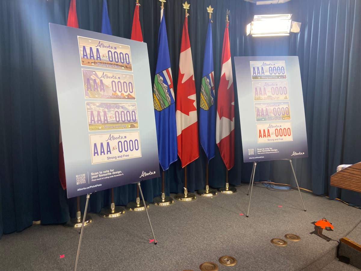 New designs for Alberta licence plates, shown during a news conference at the legislature on Wednesday, October 15, 2025.