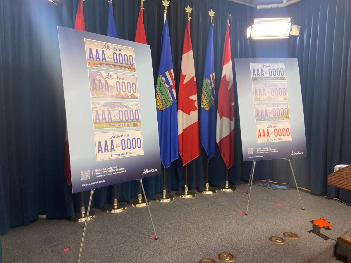 New designs for Alberta licence plates, shown during a news conference at the legislature on Wednesday, October 15, 2025.