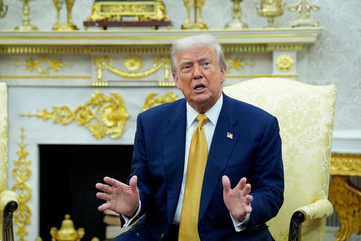 U.S. President Donald Trump answers reporters questions during his meeting with Philippine President Ferdinand Marcos Jr. (not pictured) in the Oval Office at the White House on July 22, 2025 in Washington, DC.,