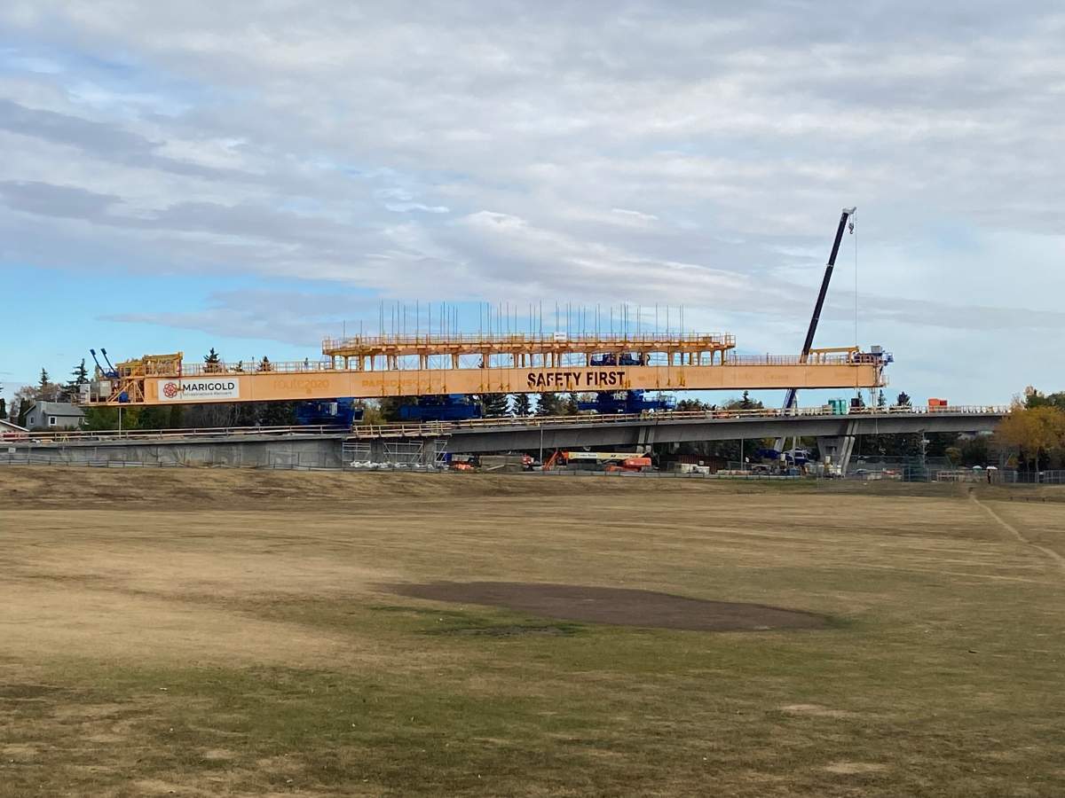 The two-kilometer-long concrete elevated section of track for the Valley Line West LRT by West Edmonton Mall is now complete, and the giant gantry crane is coming down. Wednesday, October 8, 2025.