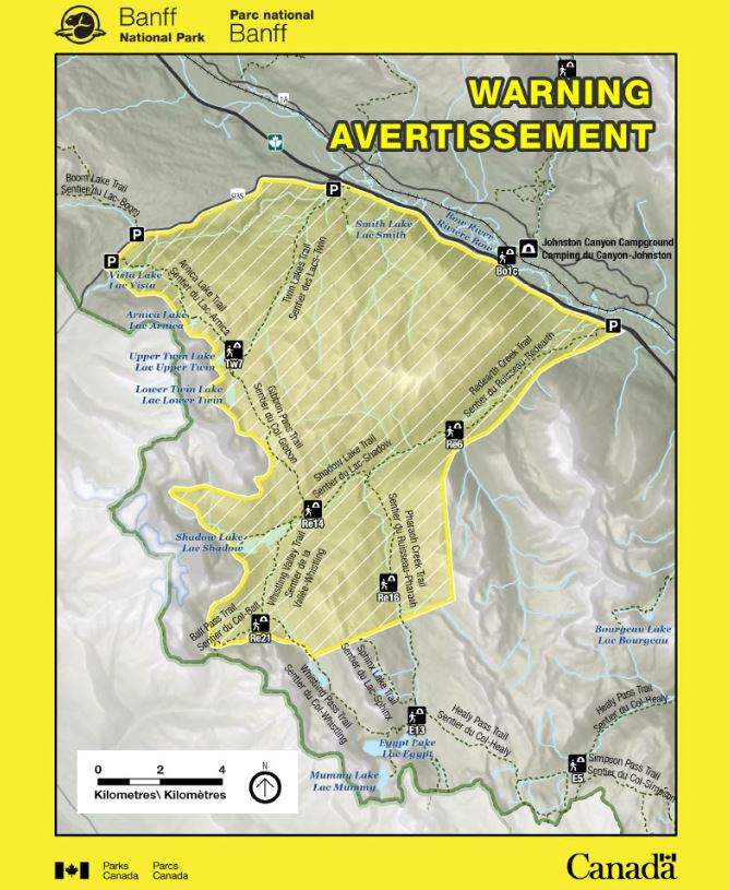 A map showing some popular areas of Banff National Park that are under a bear warning after several visitors reported having a close encounter with an adult grizzly.