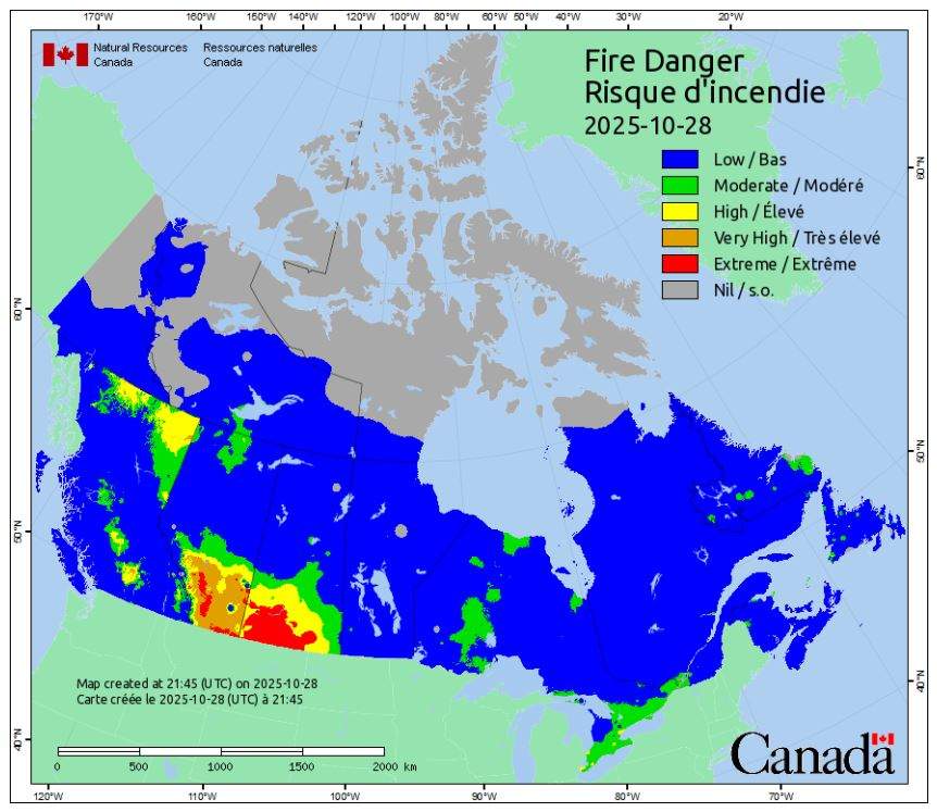 A map from Natural Resources Canada shows the fire danger across much of southern Alberta and Saskatchewan ranges from very high to extreme.