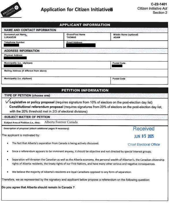 The application from the organizers of the Forever Canadian peitition asks the simple question "Do you agree that Alberta should remain within Canada?"