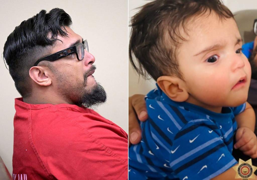 (L-R:) Jake Haro, the father of missing 7-month-old Emmanuel Haro, cries in court after pleading guilty Thursday morning, Oct 16, 2025 and Seven-month-old Emmanuel Haro, who went missing Aug. 14, 2025.