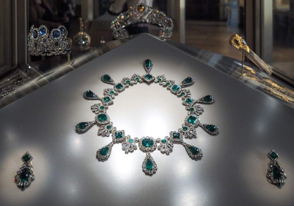 Necklace and earrings from the emerald set of Napoleon 1 s second wife Empress Marie Louise on display in the Apollo s gallery housing the royal collection of gems and diamonds of the French crown in Paris in France on May 20 of 2021.