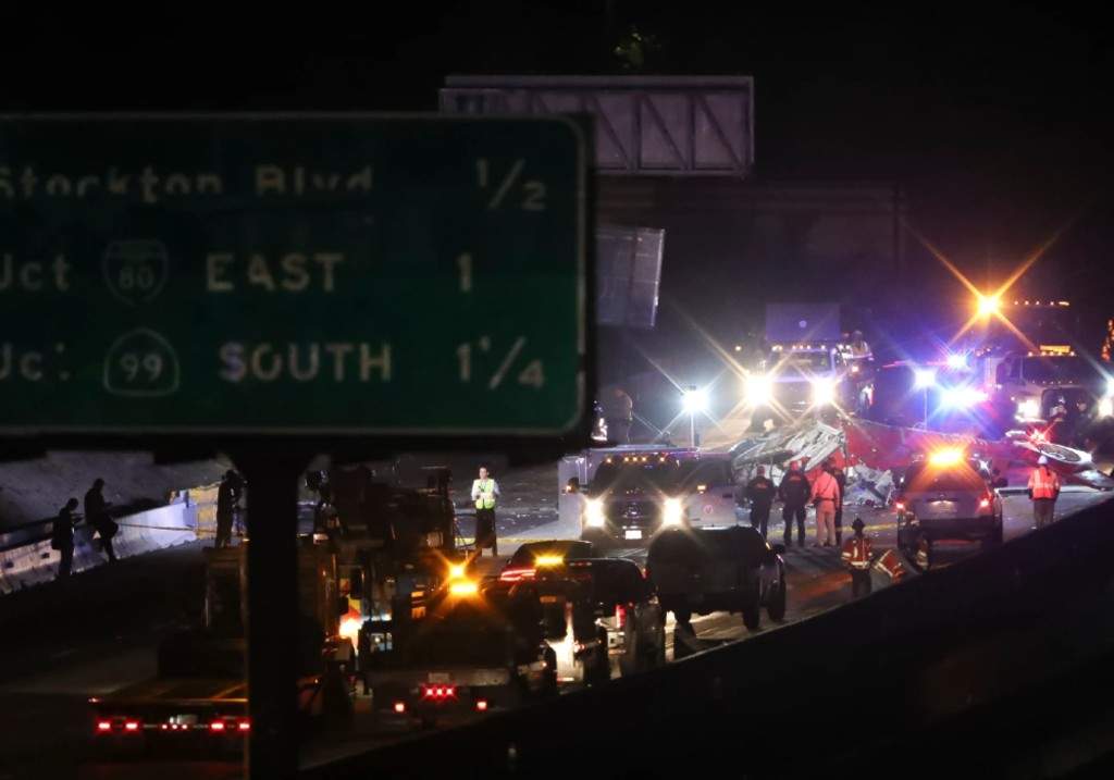 A medical helicopter is shown after it crashed on Highway 50 Monday, Oct. 6, 2025, in Sacramento, Calif.