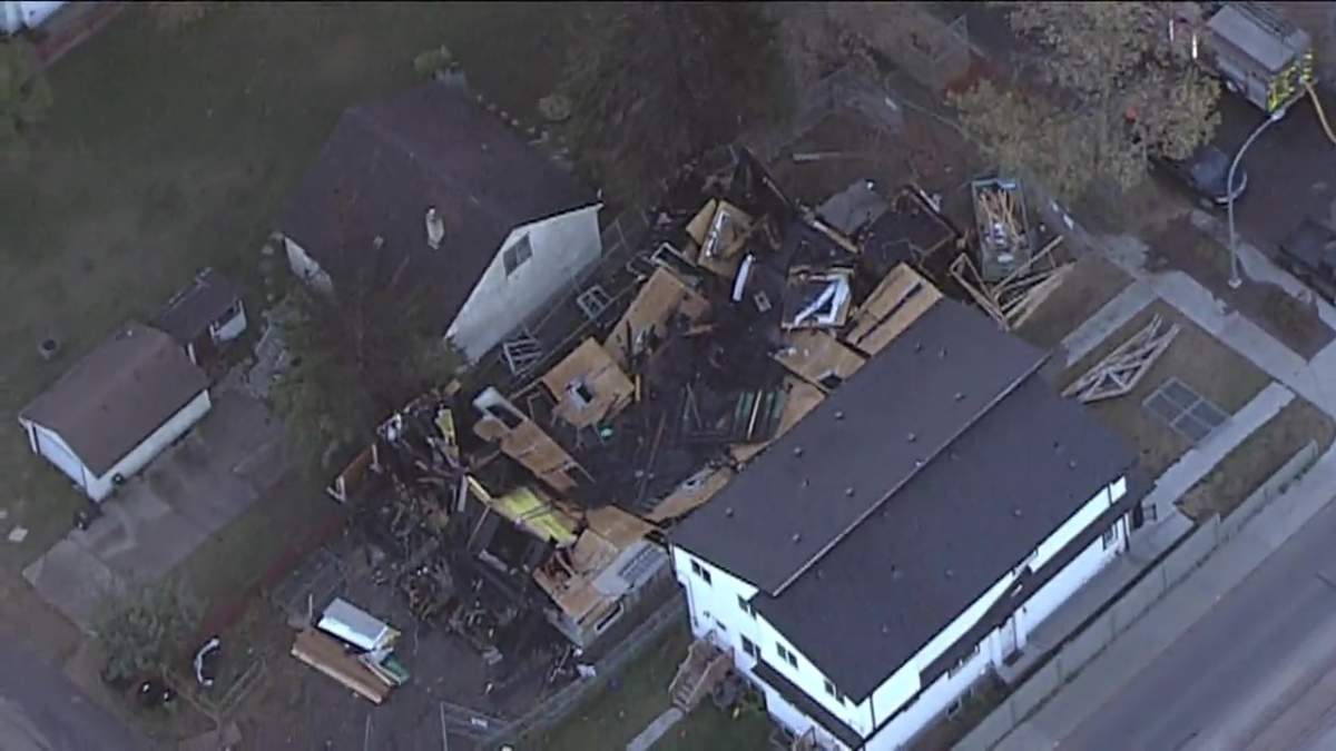 A under-construction home went up in flames near 80 Avenue and 81 Street in the King Edward Park neighbourhood on Oct. 18, 2025.