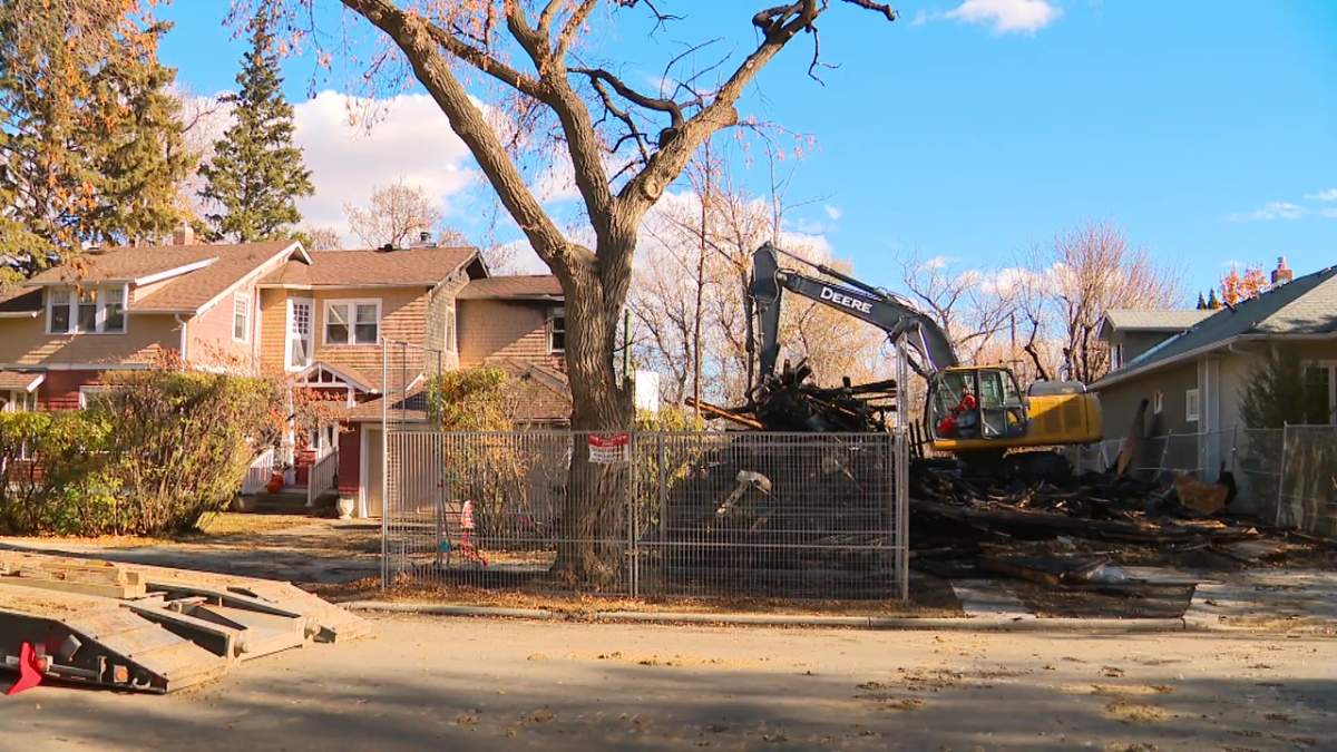 An under-construction home near 90 Avenue and 98 Street in the Old Strathcona neighbourhood was destroyed by fire on Oct. 21, 2025.