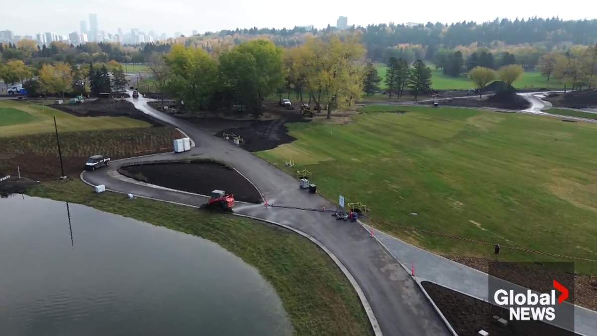 Images from Thursday, October 2, 2025 showing construction is nearly complete at Hawrelak Park in Edmonton's river valley.