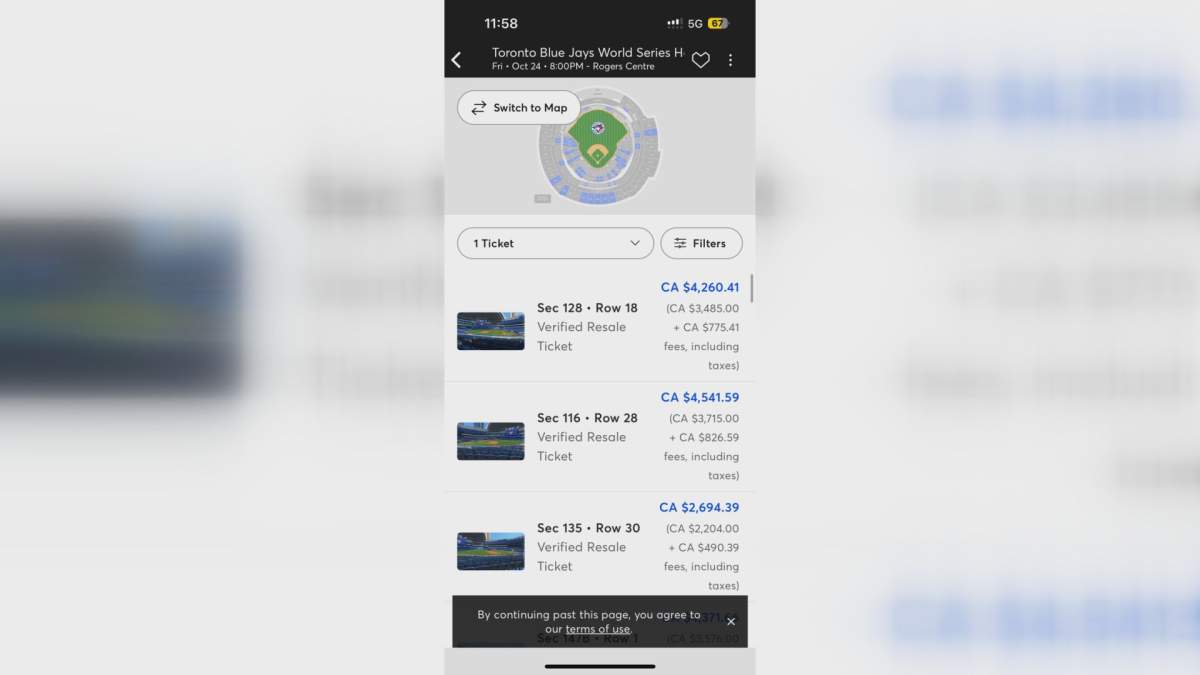 A screengrab of the Ticketmaster app shows high prices for World Series Game 1 tickets for the Toronto Blue Jays two hours after tickets went on sale on Oct. 21, 2025.