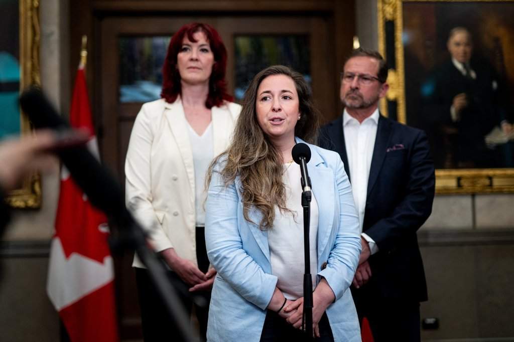 Bloc Québécois candidate Nathalie Sinclair-Desgagné speaks in the foyer of the House of Commons on Parliament Hill in Ottawa, on Thursday, May 15, 2025.