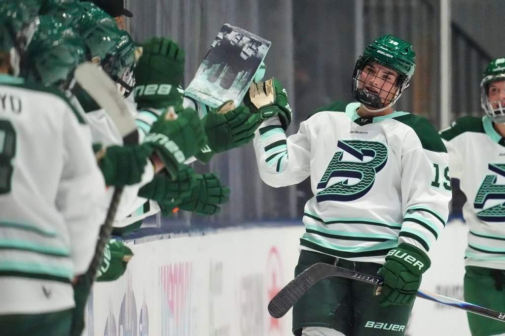 Boston Fleet centre Abby Newhook (19) celebrates with teammates after scoring against the Toronto Sceptres during second period PWHL action in Toronto on Saturday, Nov. 29, 2025. THE CANADIAN PRESS/Frank Gunn.