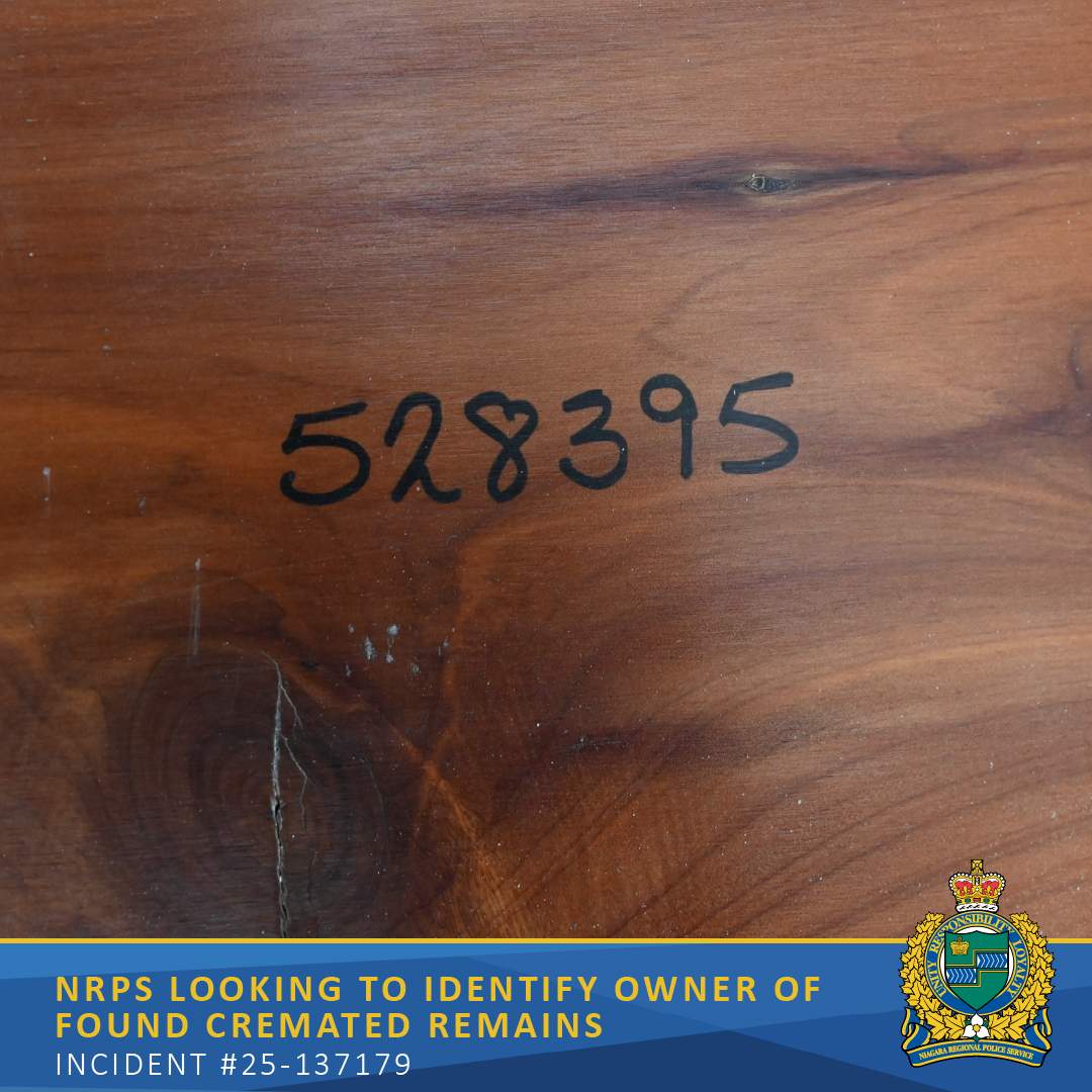 Police are asking for help identifying who left an urn marked with the number 528395 at a West Lincoln thrift store after staff discovered suspected cremated remains inside.