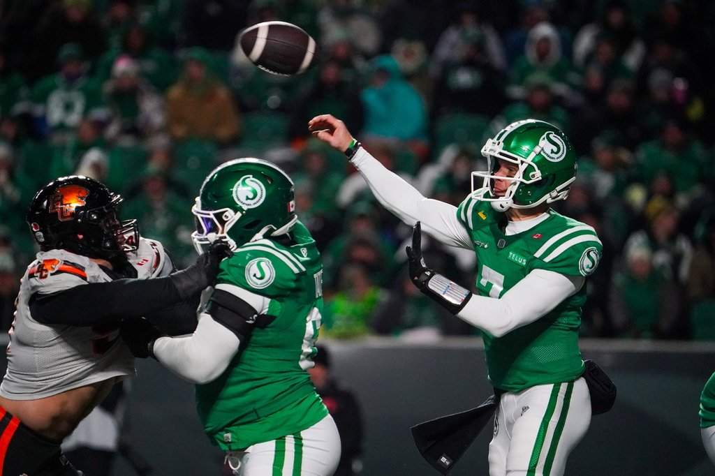 Saskatchewan Roughriders quarterback Trevor Harris (7) throws against the B.C. Lions during the first half of CFL West Division Final football action in Regina, on Saturday, November 8, 2025. THE CANADIAN PRESS/Heywood Yu.