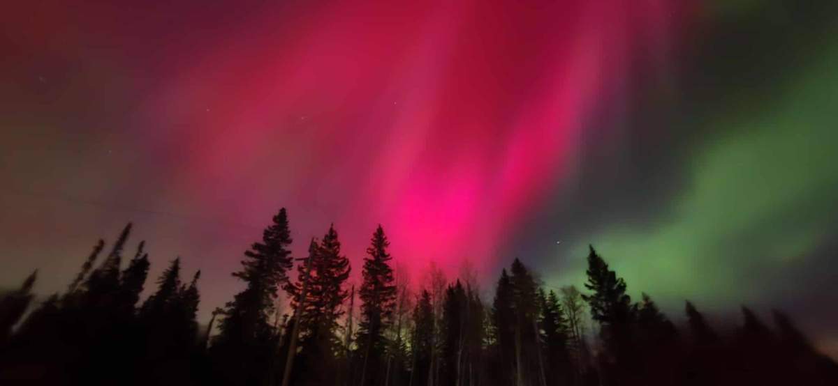A red aurora lights up the night sky in Sundre, Alta. on Tuesday, Nov. 11, 2025.