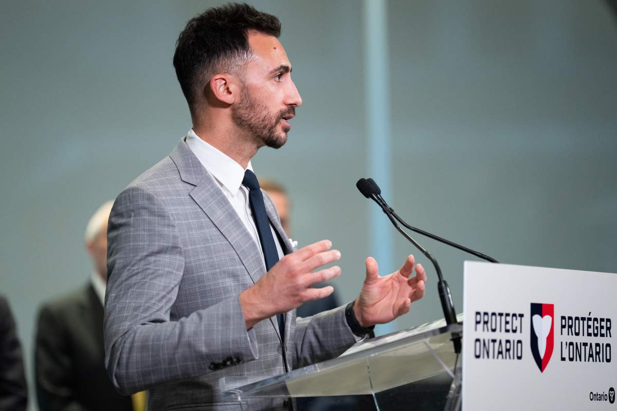 Stephen Lecce, minister of Energy and Mines of Ontario, speaks at a press conference in Toronto on April 17, 2025.