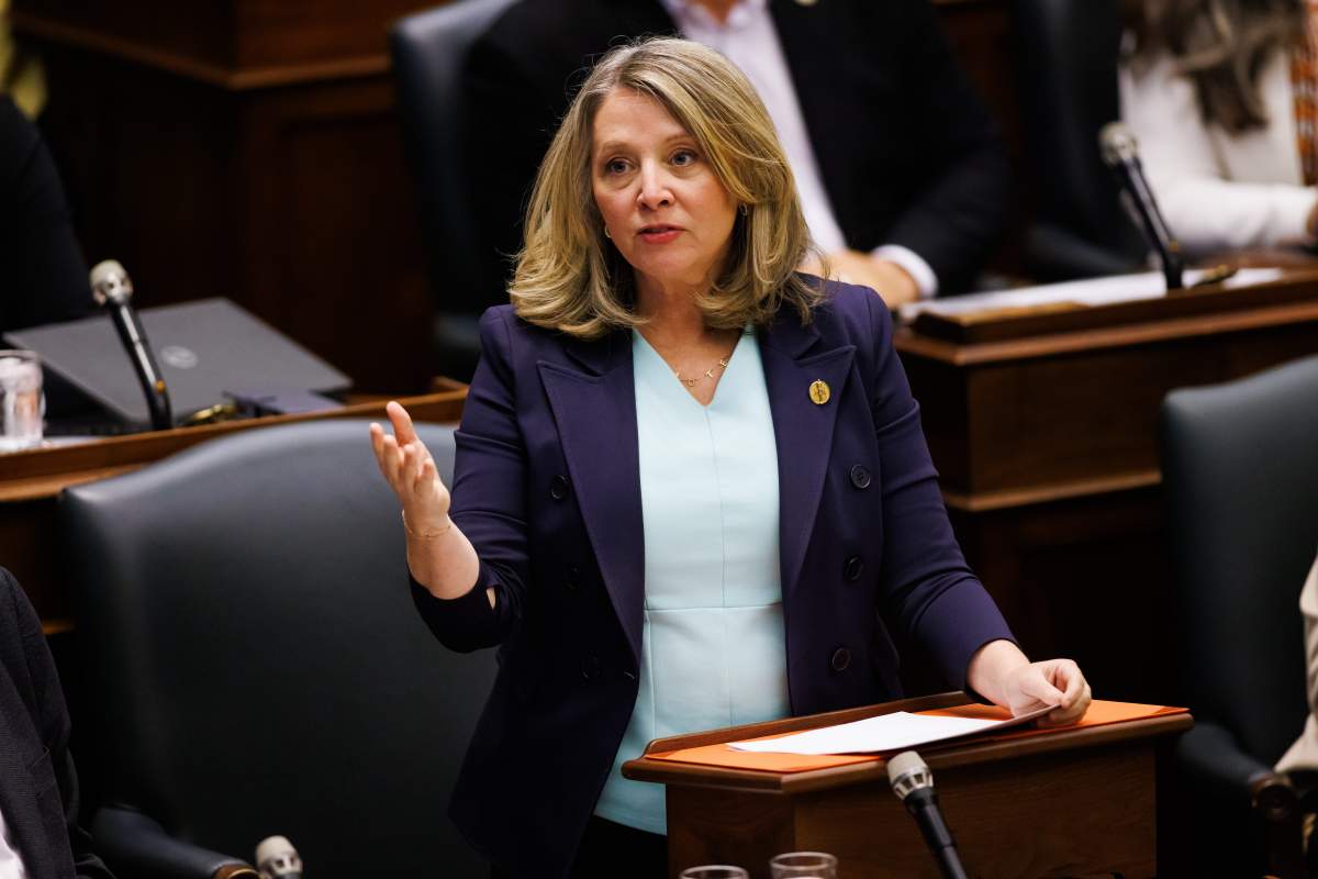 NDP Leader and MPP Marit Stiles speaks during Question Period at Queen's Park in Toronto on Tuesday, May 13, 2025. 