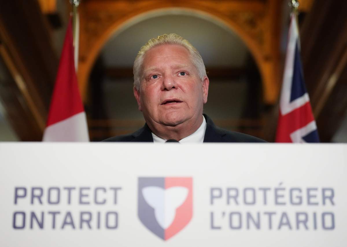 Ontario Premier Doug Ford speaks to the media during a press conference at Queen's Park in Toronto on Oct. 27, 2025.