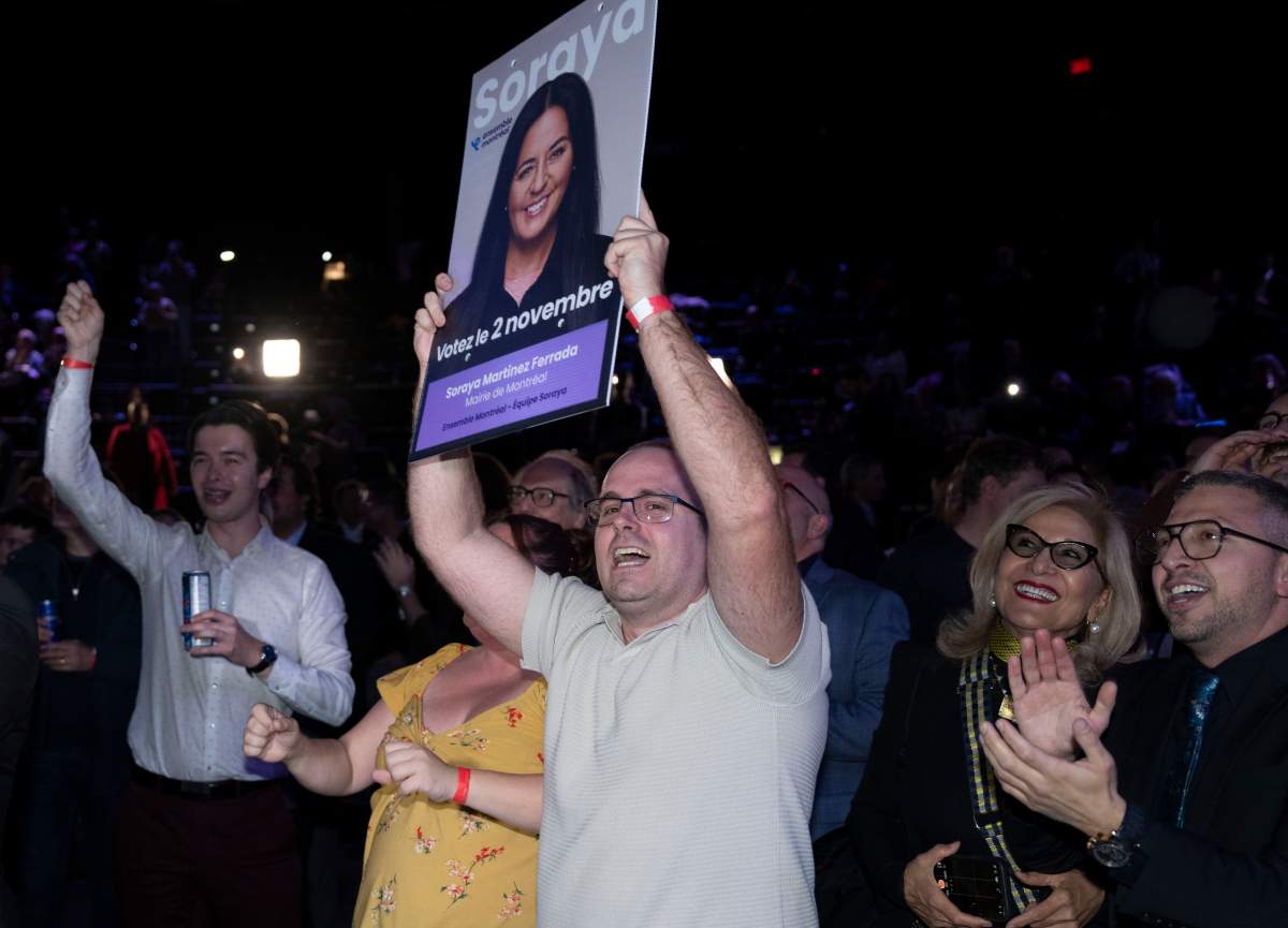 Supporters cheer as Soraya Martinez Ferrada is named new mayor of Montreal during the municipal election watch party in Montreal on Sunday, Nov. 2, 2025.