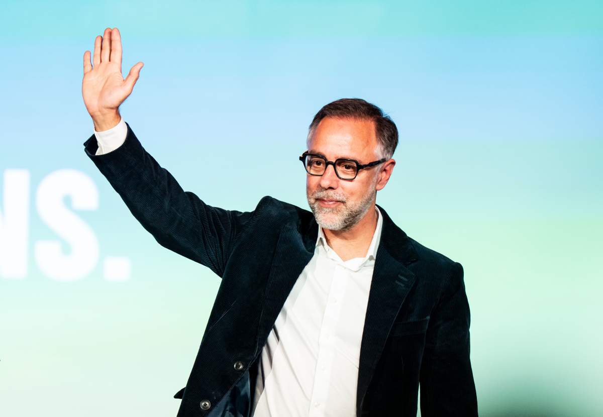 Projet Montréal Leader and mayoral candidate Luc Rabouin waves to supporters after losing the mayoral election, at the Projet Montréal election party on election night in Montreal, Sunday, Nov. 2, 2025.