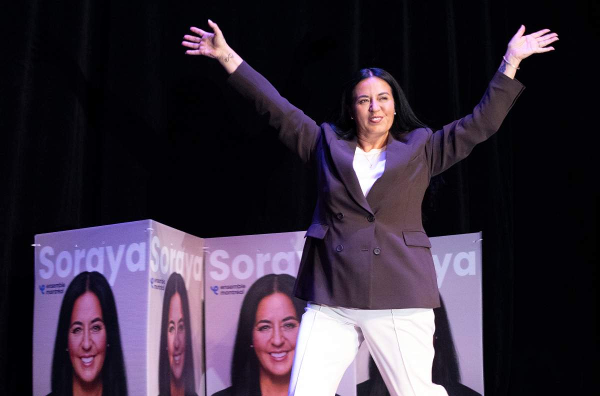 Soraya Martinez Ferrada celebrates her win as she arrives to speak with supporters after being elected mayor of Montreal during the municipal election in Montreal on Monday, Nov. 3, 2025. THE CANADIAN PRESS/Christinne Muschi