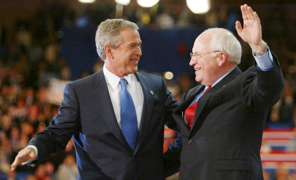 President Bush and Vice President Dick Cheney embrace following President Bush’s acceptance speech in Madison Square Garden during the final night of the Republican National Convention Thursday, Sept. 2, 2004, in New York.