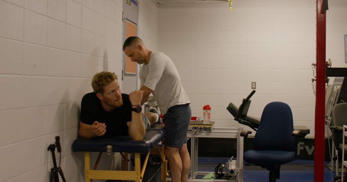 Colorado Avalanche forward Gabriel Landeskog and University of Calgary’s Dr. Matthew Jordan are shown at the University of Calgary’s Integrative Neuromuscular Sport Performance Lab (INSPL) in this undated handout photo.