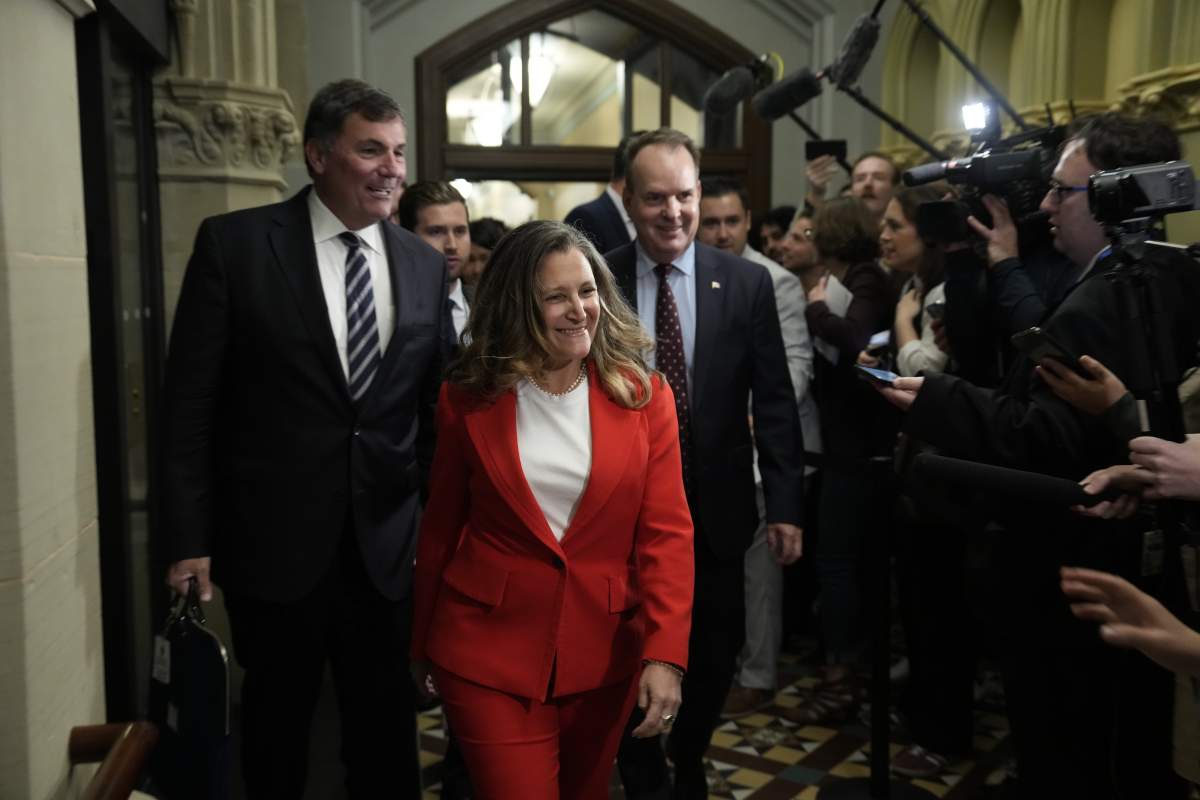 King’s Privy Council President Dominic LeBlanc, Minister of Transport and Internal Trade Chrystia Freeland and Government House Leader Steven MacKinnon walk past peaks media before attending cabinet on Parliament Hill in Ottawa on Tuesday, Sept.16, 2025.