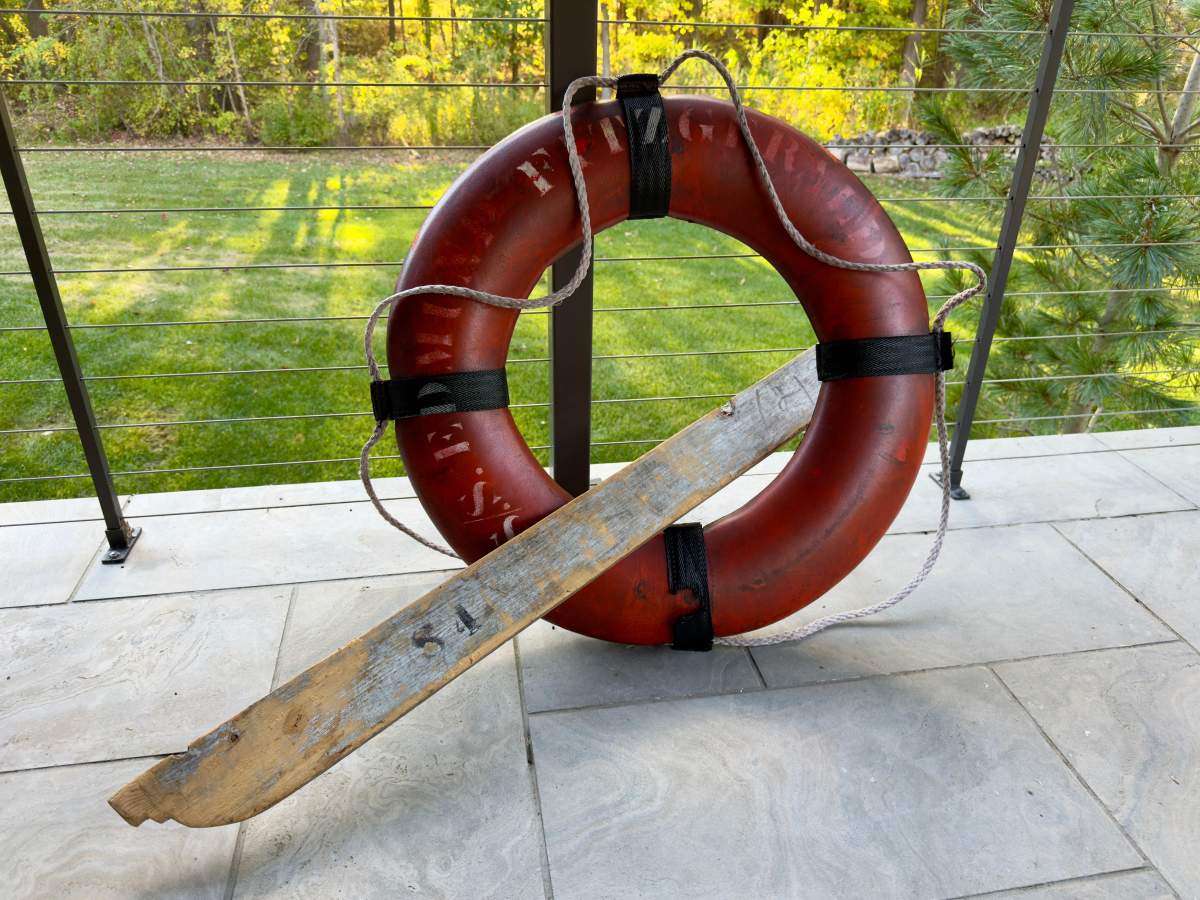 A rare life ring from the 1975 shipwreck of the Edmund Fitzgerald obtained by the state of Michigan in a lawsuit settlement is displayed on Oct. 12, 2025, outside Detroit.