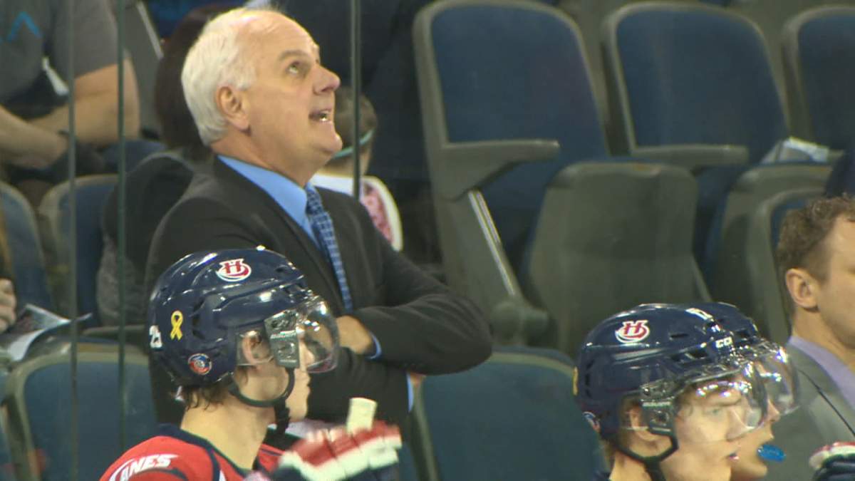The General Manager of the Lethbridge Hurricanes, Peter Anholt, is seen here behind the bench during a recent game.